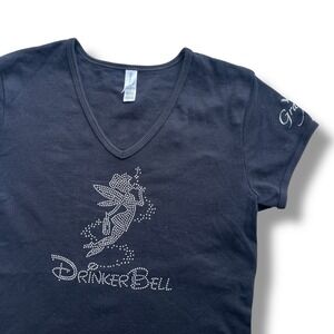 Chris's Stuff Womens M Black DrinkerBell Silver Rhinestone V-Neck T-Shirt Winery